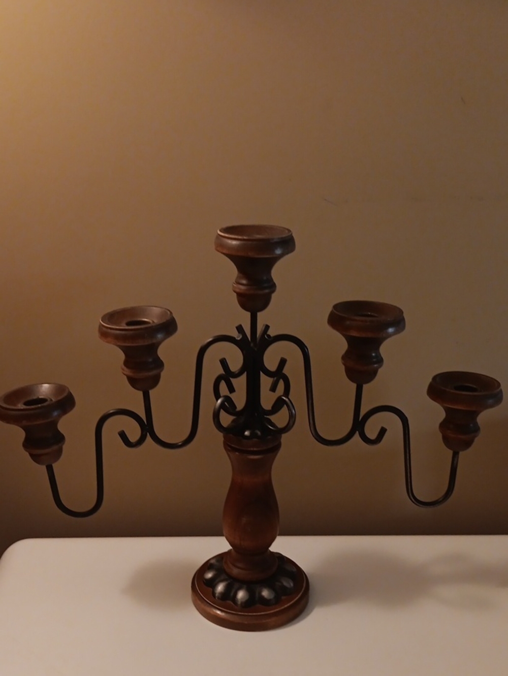 Vintage MCM 60's Wrought Iron And Wood Candalabra. 15"H X 18 1/2"W